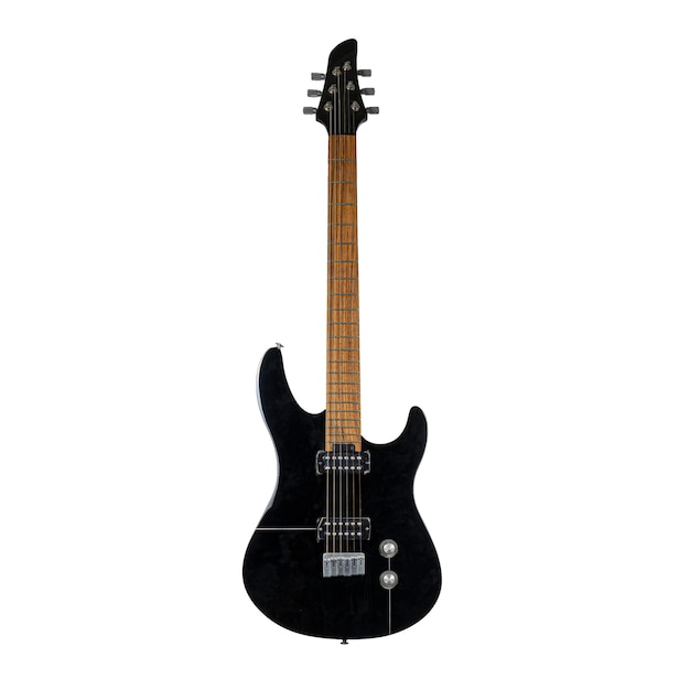 Black electric guitar isolated over white surface