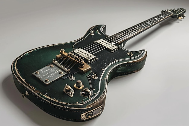 a black electric guitar with gold hardware