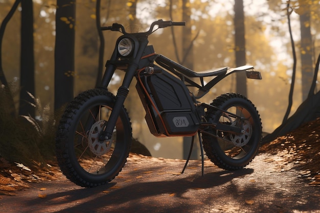 A black electric motorcycle is parked in a forest.