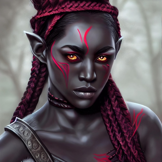 Black elf woman portrait with tribal ornaments 3d rendering