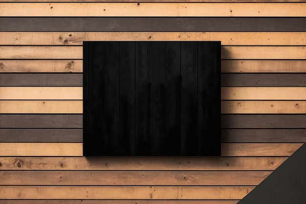 Black empty sign on a wooden wall mockup Generative AI