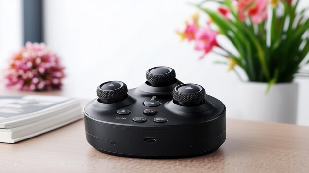 Photo black ergonomic gaming controller with multiple buttons placed on a desk beside green plants showing tech and nature contrast