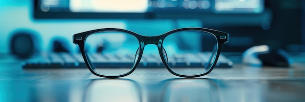 Black eyeglasses sit on a desk in front of a computer monitor and keyboard The background is a clean and modern style with blue light emanating from the computer screen Generative AI