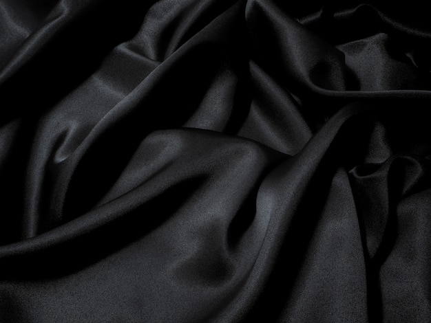 Black fabric texture background, wavy fabric slippery black color, luxury satin cloth text