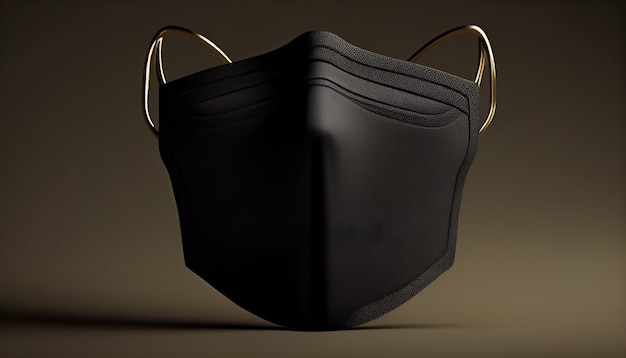 A black face mask with gold handles sits on a brown surface