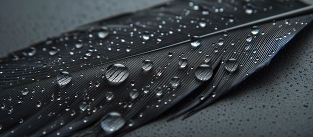 Black Feather Adorned With Water Drops