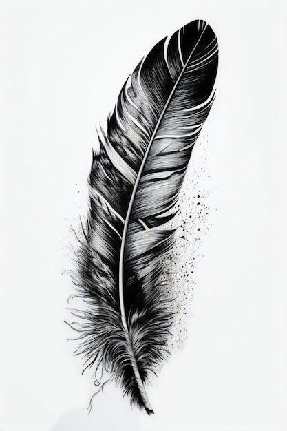 A black feather with white and black ink on a white background.