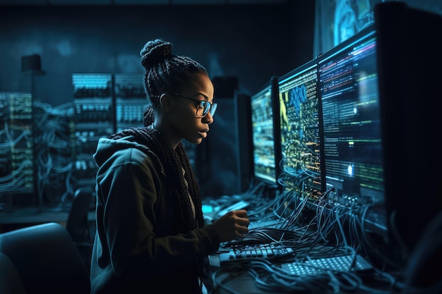 Black female engineer solves cybersecurity in server room generative IA