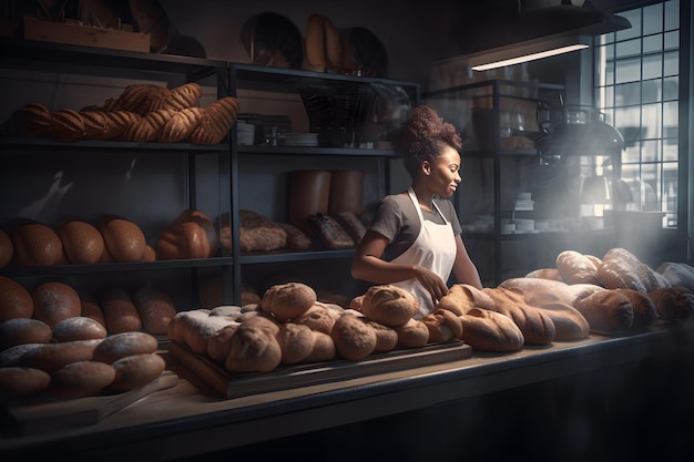 Black female entrepreneur working in local bakery