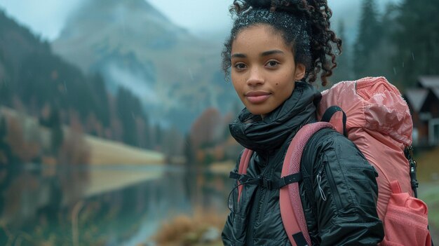 Black female hiker with backpack in misty mountain portrait image ai generated