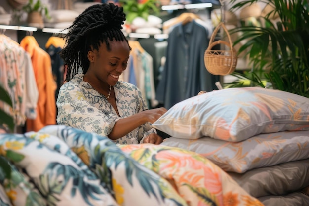 A black female home goods seller helping a customer select comfortable bedding with vibrant and welcoming store decor highlighting the fun and engaging shopping experience