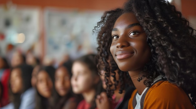 a black female teacher with her students in the background