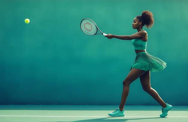 Black female tennis player in a green dress hitting a powerful shot on the court outdoors