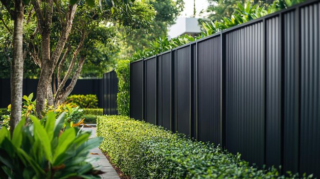 a black fence with a white fence in the background