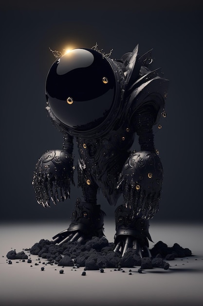 A black figure with a large eye and a black body with a large eye and a black body with a gold ring on it.