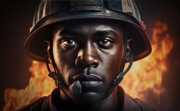 A black fireman in a fire mask stands in front of a fire firefighter commander ai generated