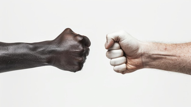 black fist hits a white fist on a against white background