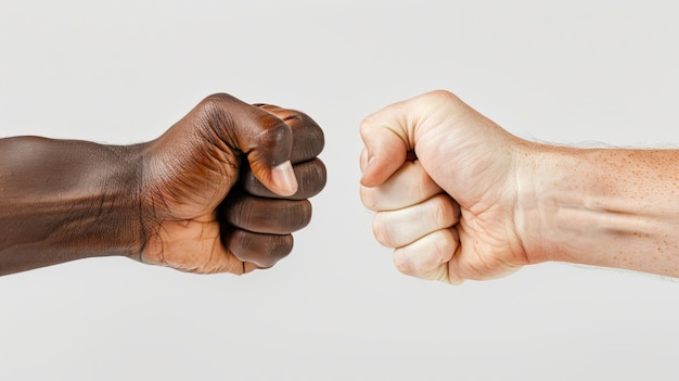 black fist hits a white fist on a against white background