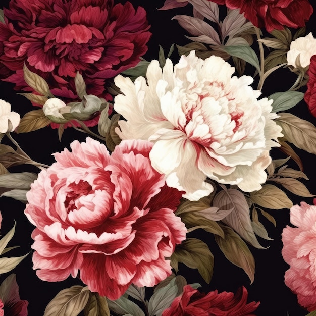 A black floral wallpaper with a red and white peony on a black background.