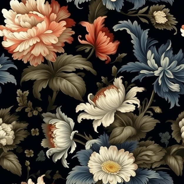 A black floral wallpaper with a white and orange flowers.