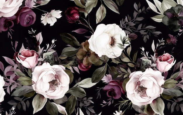 A black floral wallpaper with a white and purple flowers.