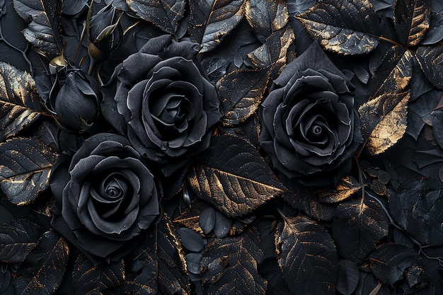 a black flower with leaves and a black background