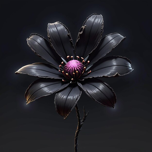 a black flower with purple petals and a pink center