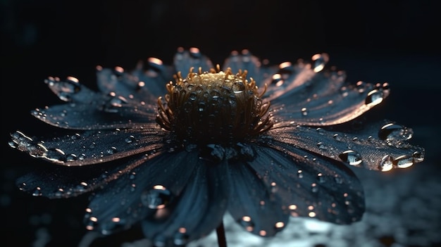 A black flower with water drops on it