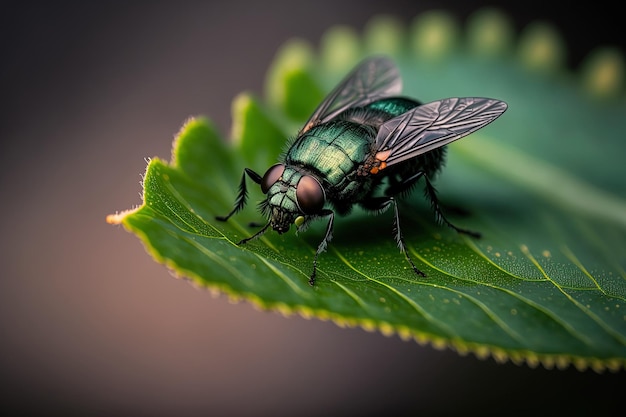 A black fly is seen closely perched on a leaf in green