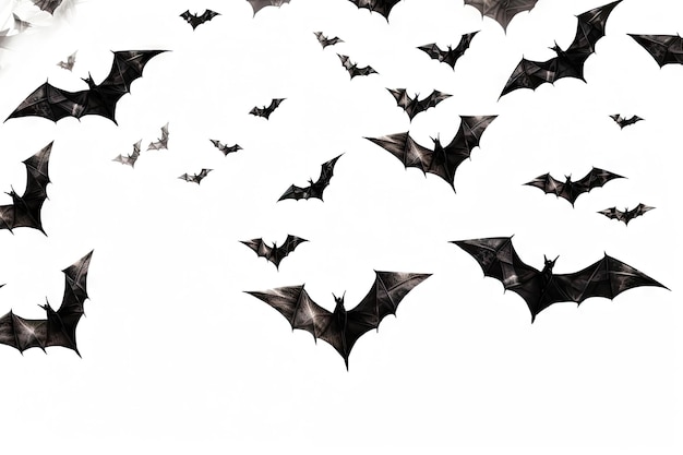 Black flying bats and spiders on a white background create a scary Halloween decoration