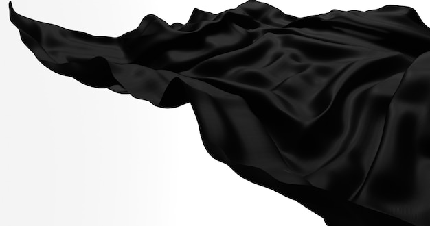 Black flying satin, cloth isolated on white wall. 3d render