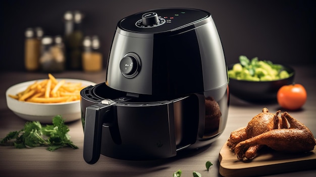 A black food processor with a white handle sits on a table with food on it.