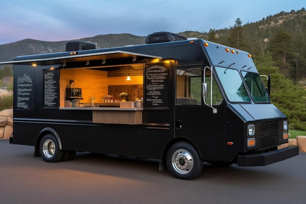 a black food truck with a sign that says  menu  on the side