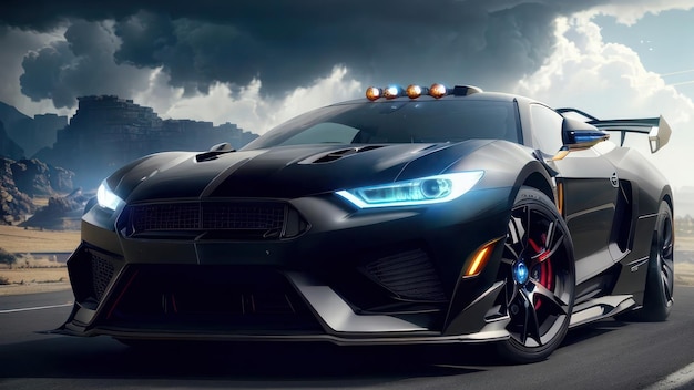 A black ford gt that is on a road with a cloudy sky in the background.