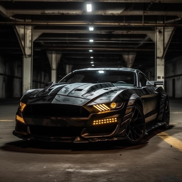 Black ford mustang with a black body and lights on the hood