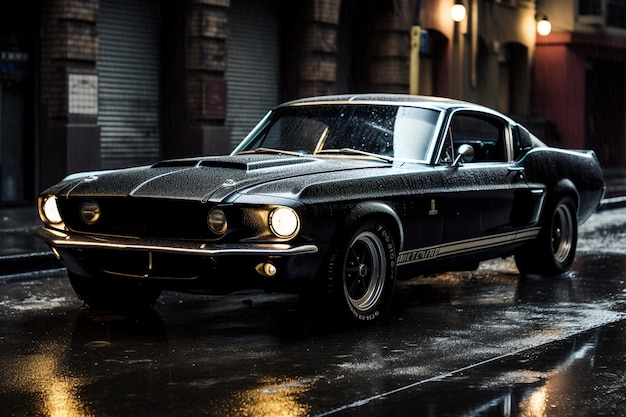 A black ford mustang with the headlights on.