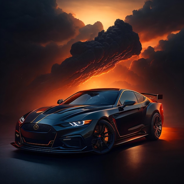 A black ford mustang with a sunset in the background