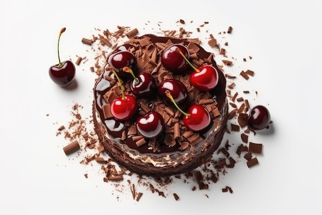 Black Forest Cake Vegetarian Dessert On White Background Top View Generative AI