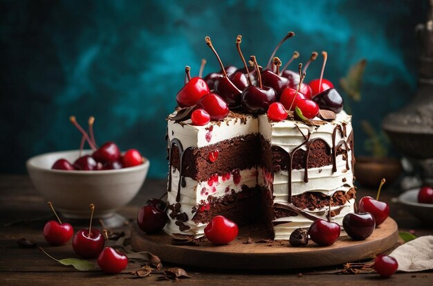 Black forest cake with a cascade of cherries