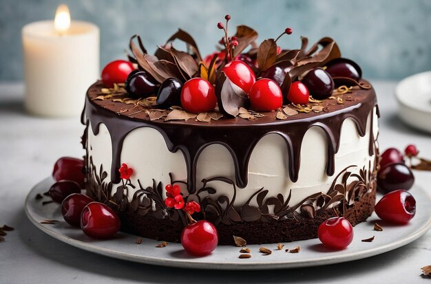 Black forest cake with a floral motif