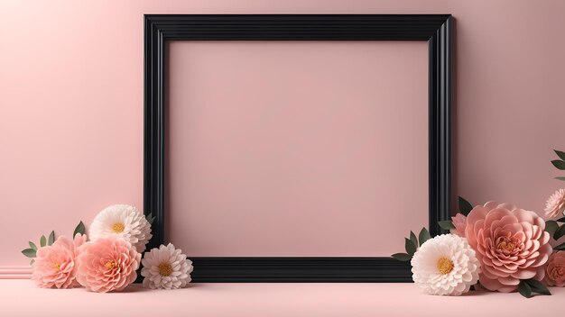 A black frame with a white background and pink flowers