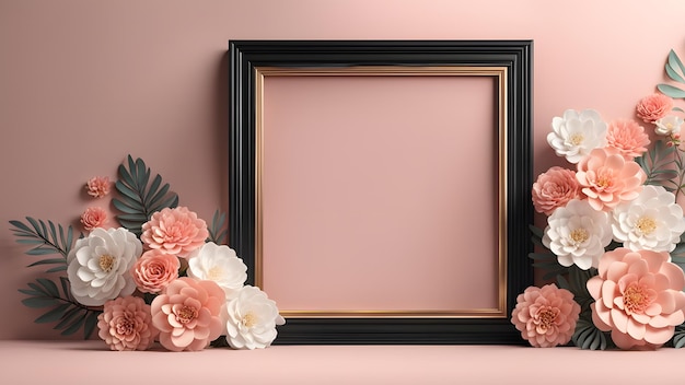 A black frame with a white border sits on a table next to a bouquet of flowers