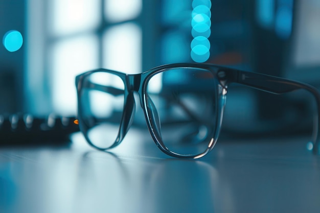 Black framed eyeglasses with clear lenses rest on a white surface The background is out of focus and features a blue light source Generative AI