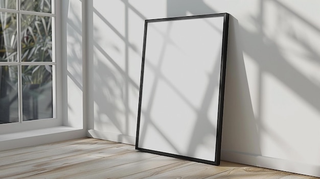 Photo a black framed poster mockup leaning against the wall on wooden floor with window reflections