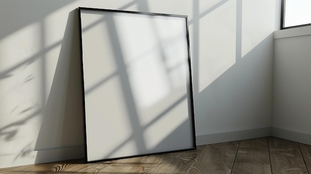 Photo a black framed poster mockup leaning against the wall on wooden floor with window reflections