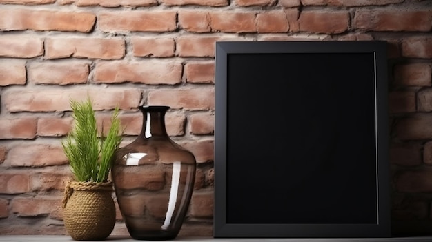 A black framed tv with a vase on the table next to it