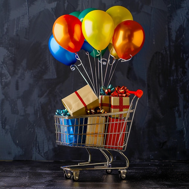 Black friday background of shopping bags in cart with gifts and balloons for cyber monday in front o