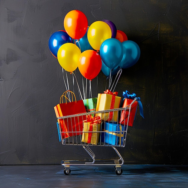 Black friday background of shopping bags in cart with gifts and balloons for cyber monday in front o