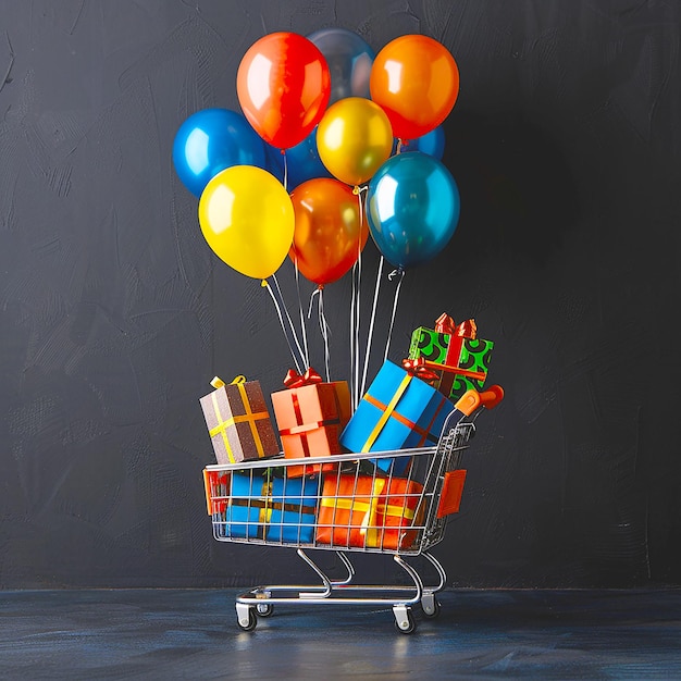 Black friday background of shopping bags in cart with gifts and balloons for cyber monday in front o