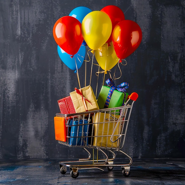 Black friday background of shopping bags in cart with gifts and balloons for cyber monday in front o